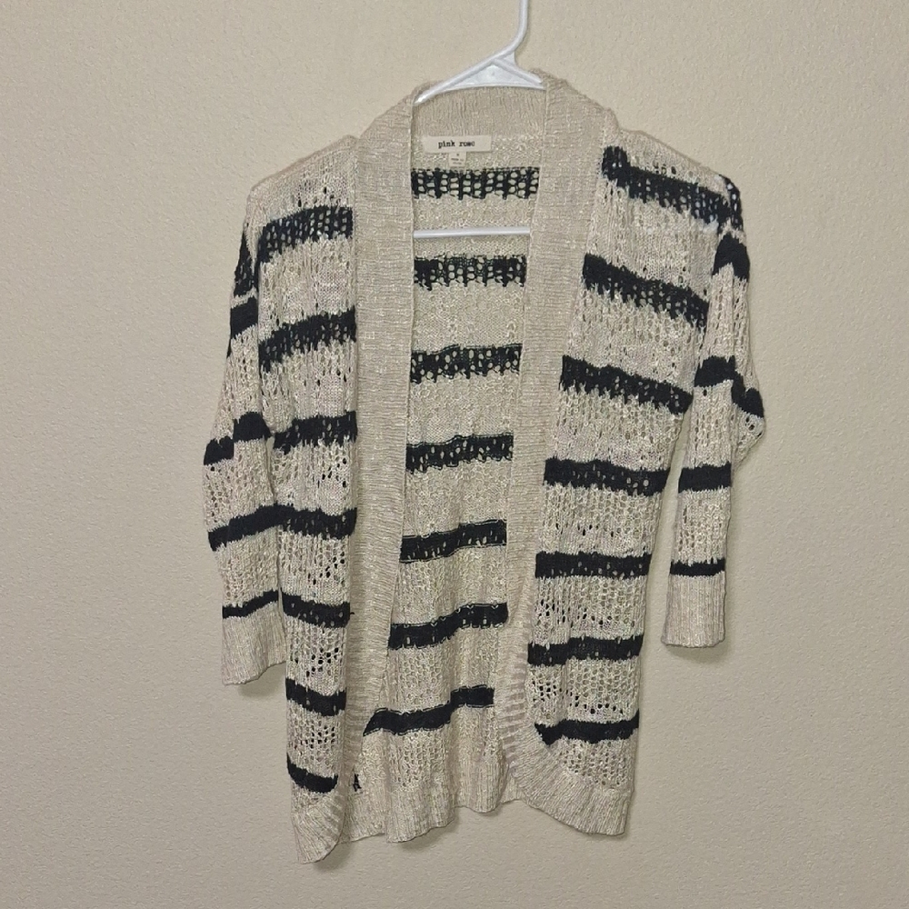 Pink Rose Women's Open-Front Striped Cardigan - Black and Cream